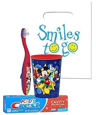 Disney Mickey Mouse Inspired 3pc. Bright Smile Oral Hygiene Set! Soft Manual Toothbrush, Crest Kids Sparkle Toothpaste & Mouthwash Rise Cup! Plus Bonus "Remember to Brush" Visual Aid!