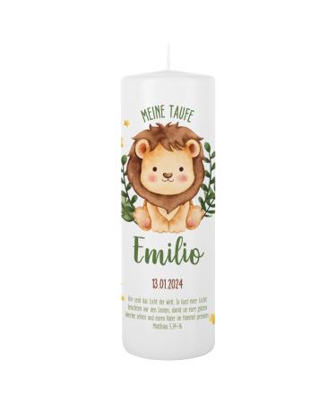 Striefchen baptism candle 250/80 mm with animal motifs and imprint of name and date as well as baptismal saying (lion) - Buy Online on GoSupps.com