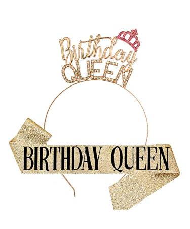 Kawailay Glitter Birthday Queen Crown Tiara and Birthday Sash Kit Rhinestone Birthday Queen Headband Happy Birthday Crown Headpiece Birthday Queen Sash for Women Girls Birthday Party - Gold