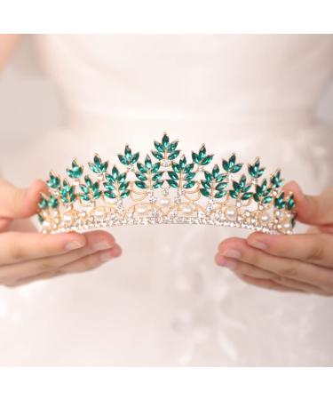 JWICOS Baroque Tiara Crown for Women Pearl Floral Queen Crown Bridal Headpieces for Brides and Bridesmaid Royal Accessories for Birthday Prom Pageant Party Gift (Emerald Green)