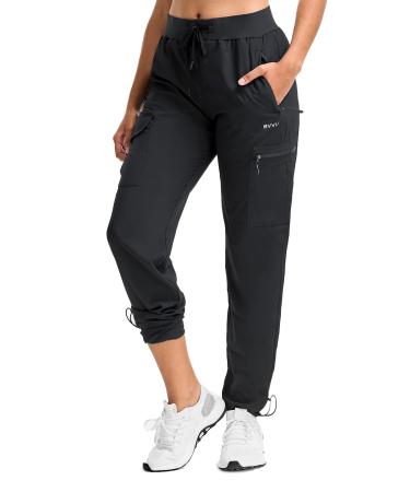 BVVU Women's Cargo Joggers Lightweight Quick Dry Hiking Pants Outdoor Waterproof Athletic Workout Pants with Zipper Pockets Black Medium