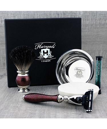 4-piece shaving set for men: pure roof hair brush 3-edge razor & stainless steel rasi shell & soap.Free aluminum stick vintage style ready for use