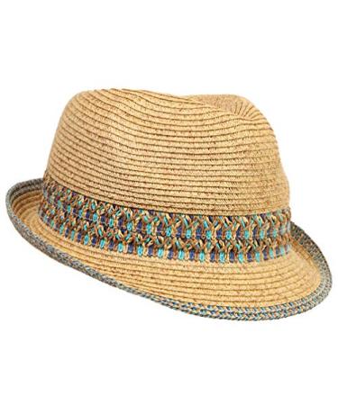 Funky Junque UPF50+ Womens Adjustable Multicolor Woven Pattern Short Brim Fedora Hat 1 - Blue