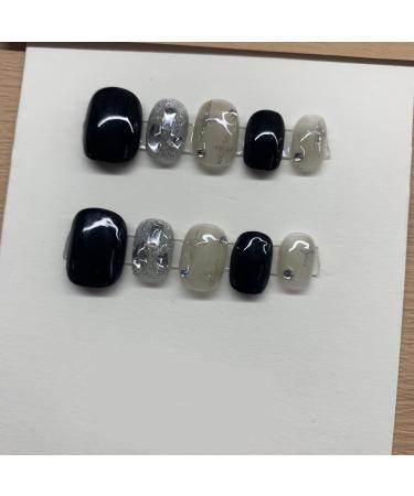 Handmade nail art wearing fake nail patches finished black sparkling diamond halo dyed short pieces 10PCS (Size : L) 1 count (Pack of 1)