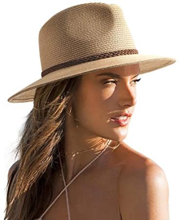FURTALK Sun Hats for Women Summer Wide Brim UV UPF 50+ Panama Fedora Foldable Packable Straw Beach Hat Ivory Khaki Medium-Large