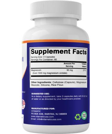Vitamatic Magnesium Orotate Supplement 1500mg per Serving 180 Capsules Supports Muscle Nerve and Heart Health - Non-GMO Gluten Free - 2 Pack - Buy Online on GoSupps.com
