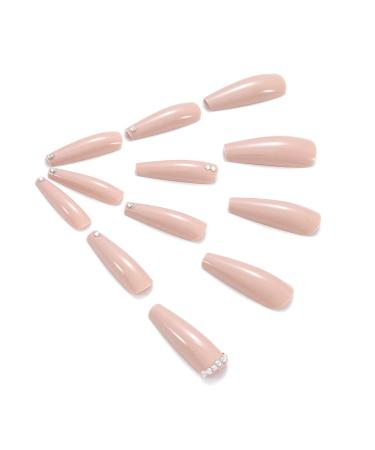 Brishow Long Khaki Press-On Nails with Rhinestones | 24 Ballerina Acrylic Artificial Nails for Women & Girls - Buy Online on GoSupps.com