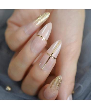 Luxury HUJL Artificial Long Fake Nails - Gold Color & Line Decoration | Designer Nail Polish for Stunning Manicure - Buy Online on GoSupps.com