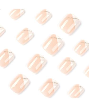 Justotry 24 Pcs Square False Nails Short: White French Press on Nails | Nude & Glitter Stick-on Nails with Nail Glue | Squoval Nails for Women - Buy Online on GoSupps.com
