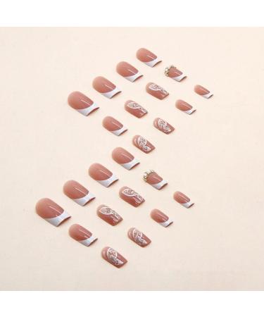 JUSTOTRY 24 Pcs Diamond Short Butterfly White French Press on Fake Nails with Nail Glue - Squoval Shape Medium Length for Women's Nail Art - Buy Online on GoSupps.com
