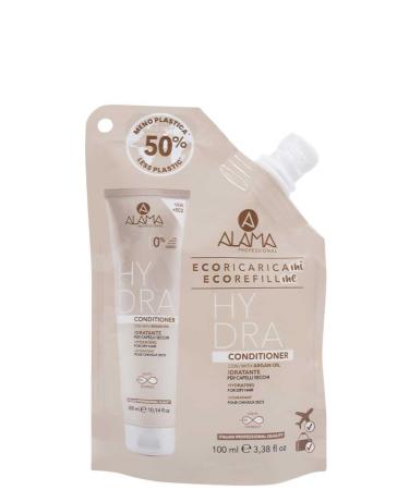 Alama Professional Eco-Refill Hydra Conditioner for dry dull and brittle hair with argan oil vitamin E fatty acids antioxidants 95% natural ingredients vegan 100 ml