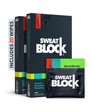 SweatBlock Antiperspirant Wipes - Maximum Clinical Strength - Treat Hyperhidrosis & Excessive Sweating for Men Women & Teens - up to 7 Days Protection Per Wipe - Dermatologist Tested - 20 Wipes 20 Count