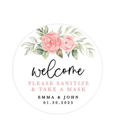Andaz Press Wedding Personalized Round Circle Label Stickers Welcome Please Sanitize and Take A Mask Custom Names Peach Florals Social Distancing Wedding Hand Sanitizer Mask Favors 120-Pack