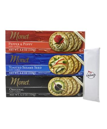 Monet Cracker Variety Bundle | Water Crackers | Toasted Sesame Seeds | Pepper & Poppy Original - Zero Trans Fat Thins Snack Cracker with Kokobunch Kit | 3 Pk - 4.4 oz - Buy Online on GoSupps.com