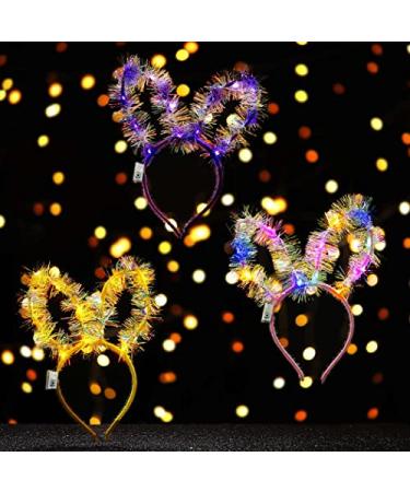 GENBREE LED Bunny Ear Headband Light Up Rabbit Ear Hair Hoop Glowing Headband Headdress Cosplay Hair Bands Party Costume Christmas Head Accessories for Women and Girls (Pack of 3)