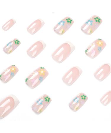 Square French False Nails 24Pcs with Flower Pattern - Short Acrylic Stick on Nails for Women - Black Gradient Fake Nails - Buy Online on GoSupps.com