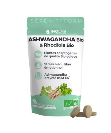 INOLAB Ashwagandha KSM-66 Organic 5% & Rhodiola Organic - Vegan Synergic Complex of Ayurvedic Adaptogenic Plant Extract - Made in France