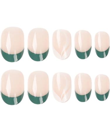 Justotry 24 Pcs Almond Short Dark Green French Press on False Nails | Nude Fake Nails with Nail Glue for Women | Oval Medium Stick on Nails for Nail Art - Buy Online on GoSupps.com