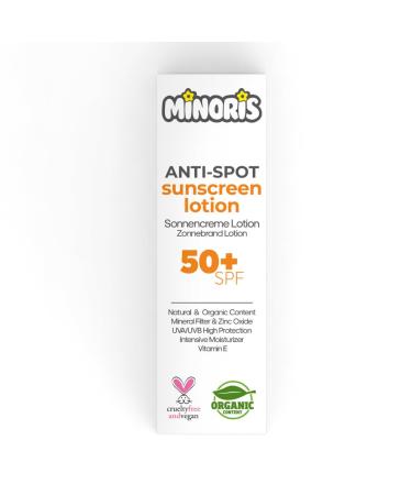 Minoris Anti-Spot Sun Lotion 50+ SPF Full Body, High UVA/UVB Protection, Prevents Sun Spots, Primer Suitable, Organic, Natural & Vegan Content, Water Resistant, Titanium Dioxide Free, 150