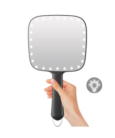 Portable Lighted Hand Mirror, 6.2"x 5.9" Makeup Mirror with 26 LED White Light and Dimmable, 4 AAA Battery Operated, Slim & Hangable Versatile Cosmetic Mirror for Makeup Application, Styling, Skincare