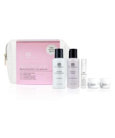 Le Mieux Age-Defying Beauty Essentials for Dry Skin - 5-Piece Luxury Skincare Facial Set - Peptide Foam Cleanser Essence Toner Collagen Peptide Serum Eye Wrinkle Corrector & 24 Hr Age Defying Cream