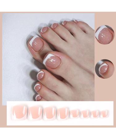 White Glitter Short Square Toe Fake Press On Toenails | Glossy Acrylic False Toenails for Women - 24pcs - Buy Online on GoSupps.com