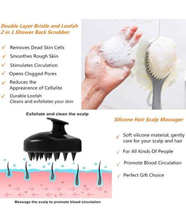 Long Handle Shower Back Scrubber with Bristle, Loofah, and Scalp Massager - Gray - Buy Online on GoSupps.com