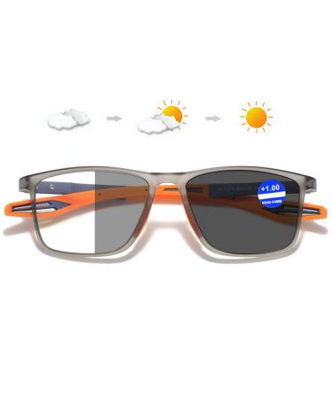 Lanomi Self -tinting sunshine blue light filter women men photochrome reading help rectangular flexible uv400 protection sunglasses +1.0 to +4.0 gray frame orange arm (gray photochrome) 1.0 x