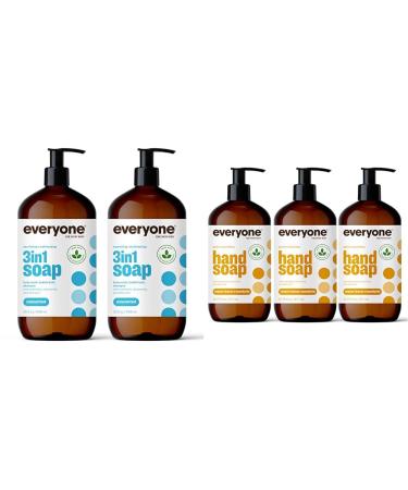 Everyone 3-in-1 Soap Body Wash Bubble Bath Shampoo 32 Ounce (Pack of 2) Unscented & Liquid Hand Soap 12.75 Ounce (Pack of 3) Meyer Lemon and Mandarin