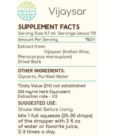 HerbEra Vijaysar B120 Alcohol-Free Herbal Extract Tincture, Concentrated Liquid Drops Natural Vijaysar (Indian Kino, Pterocarpus Marsupium) Dried Bark (4 fl oz) 4 Fl Oz (Pack of 1) - Buy Online on GoSupps.com