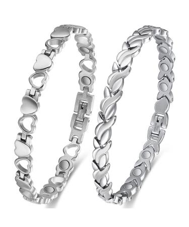 Cigmag 2PCS Magnetic Bracelets for Women Ultra Strength Magnet Titanium Steel Magnetic Brazaletes Set with Adjustable Tool and Gift Box for Mother's Day (Silver Fishtail & Love) 2pcs Silver Fishtail & Love