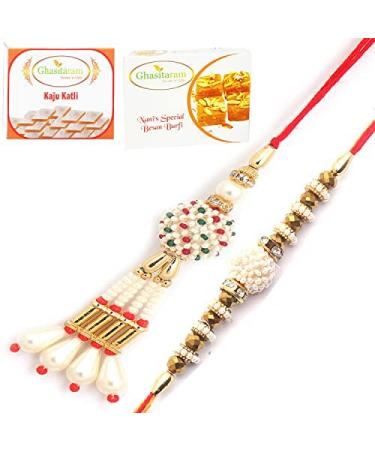 Ghasitaram Gifts Rakhis Online - Rakhi for Brother- Shimmering Blessings cl6101 Bhaiya Bhabhi Rakhi with 200 GMS of Besan Barfi and 200 GMS of Kaju Katli