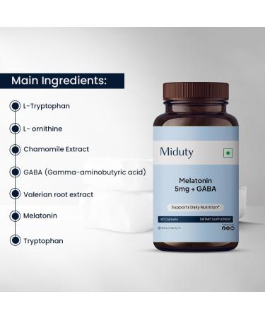 Miduty Melatonin 5mg + GABA - L-Tryptophan - L-Ornithine - Chamomile Extract - Tryptophan -Gluten Free - Non-GMO - 60 Capsules - Buy Online on GoSupps.com