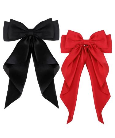 ZEVONDA Pack of 2 Big Bow Hair Clips - Solid Color Large Bowknot Hairpin Hair Clip with Long Silky Satin Tail Hair Barrettes Accessories for Girls Women Black + Red Black + Red (2PCS)