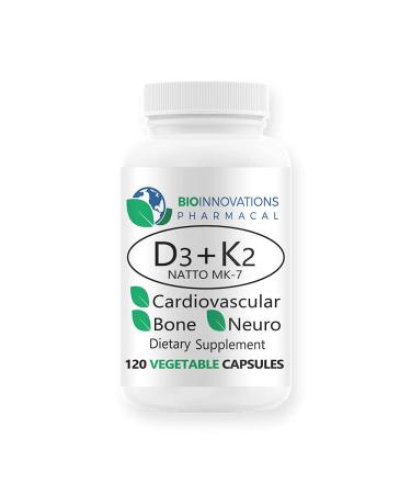 Bio-Innovations Pharmacal D3+K2 10 000IU D3 Cholecalciferol 100mcg MK7 Nattokinase Bone Neuromuscular Cardiovascular & Immune Support Promotes Calcium Homeostasis Allergen Free 120 Capsules