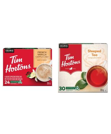 Tim Hortons French Vanilla Cappuccino K-Cup Pods 24 Pack & Steeped Orange Pekoe Tea Single Serve Keurig K-Cup Pods 30 Count Coffee + Tea Steeped Tea 1 Count (Pack of 24)