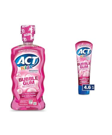 ACT Kids Anticavity Fluoride Rinse for Bad Breath Treatment Bubble Gum Blowout 16.9 fl. oz. & Kids Anticavity Fluoride Toothpaste 4.6 oz. Bubble Gum Blowout