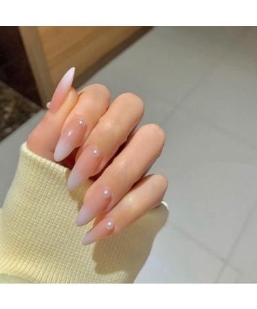 JUSTOTRY 24 Pcs Pearls Oval False Nails Short Gradient Pink French Press on Nails Pattern Funky Nude Fake Nails Short with Nail Glue Almond Stick on Nails for Women Nails Fake Nail for Nails Art Gradient Pink 1