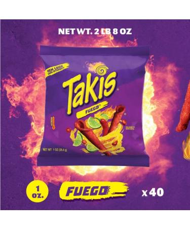 Takis Fuego Rolled Tortilla Chips - Box of 40 Individual 1oz Bags - Hot Chili Pepper and Lime Flavor - 2lb 8oz Net Weight - Buy Online on GoSupps.com