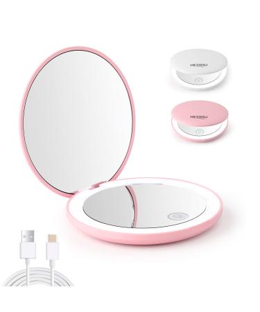 HEYISSU LED Compact Mirror  Travel Mirror with Magnification 10X Magnifying Travel Makeup Mirror with Light 3.5 inch Pocket Purse Handbag Mirror (Pink)