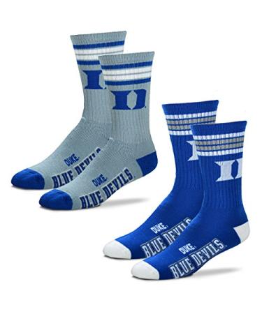 For Bare Feet Men's NCAA (2-Pack)-4 Stripe Deuce Crew Socks-Size Large and Medium Duke Blue Devils-2 Pack-team Color & Grey 10-13