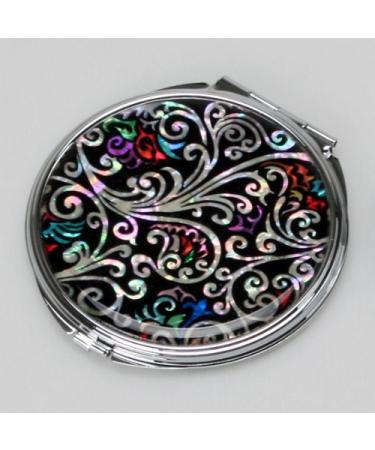 Mother of Pearl Art Deco Black Round Double Compact Handbag Purse Makeup Cosmetic Pocket Hand Mirror with Arabesque Design
