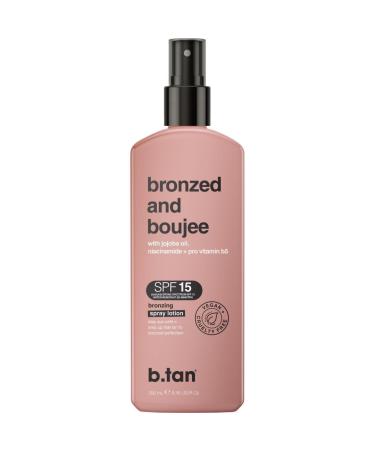 b.tan SPF 15 Sun Tanning Lotion Spray | Bronzed and Boujee - Best Tan Intensifier Browning Outdoor Bronzing Accelerator Packed w/Jojoba Oil Niacinamide & Vitamin B5 Austrailian Brand 8.45 Fl Oz