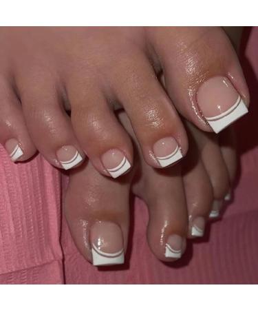 French Tips Press on Toenails Nude Fake Toe Nails Short Square Acrylic Toe Nails Full Cover White Toe Nail Tips False Toenails Summer Glue on Toenails for Women 24Pcs