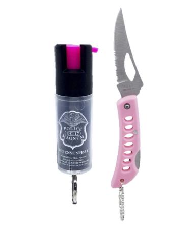 Police Magnum Mini Pepper Spray Self Defense Safety Tool- Tactical Strong Built-in Keyring Holder- Maximum Heat Strength OC- Made in The USA 1/2oz PINK POCKET KNIFE &CLEAR SLEEVE