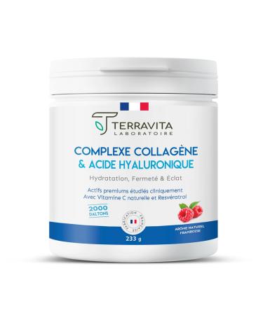 Peptan Marine Collagen + Hyaluronic Acid 200mg + Vit C | Hydration Firmness and Radiance of the Skin | Demonstrated Wrinkle Reduction | 233g Raspberry Flavor Powder | French sector | Terravita