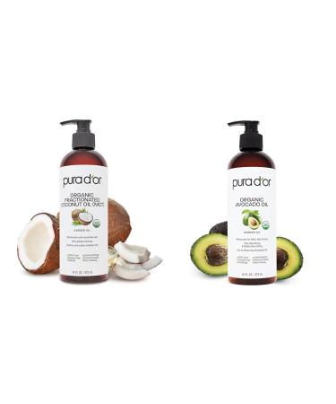 PURA D'OR 16 Oz ORGANIC Fractionated Coconut Oil Avocado Oil - 100% Pure & Natural USDA Certified Cold Pressed Carrier Oils - Unscented Hexane Free Moisturizer For Face Skin Hair & Body - Men & Women