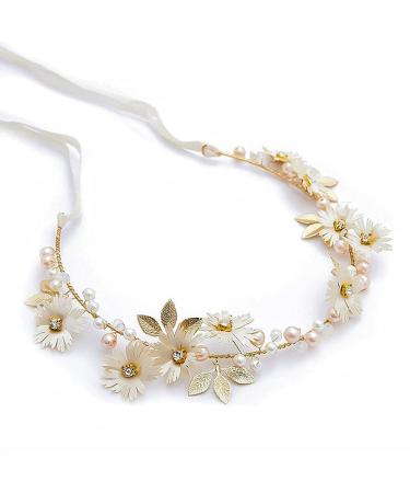 Loekrdos Bridal Headband Wedding Headpiece Princess White Flower Headpiece Pearl Bridal Headband Leaf Hair Vine Flower Wedding Hair Accessories for Flower Girl