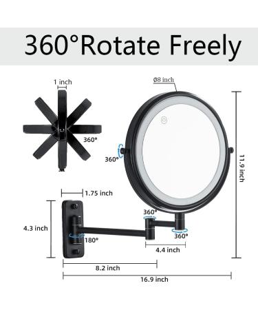 Gecious Black LED Makeup Mirror with 3 Color Lights 8 inch Double Sided 1X/7X Magnifying, 360 Rotation Vanity Mirror for Home Bathroom Shaving - Plug Powered - Buy Online on GoSupps.com