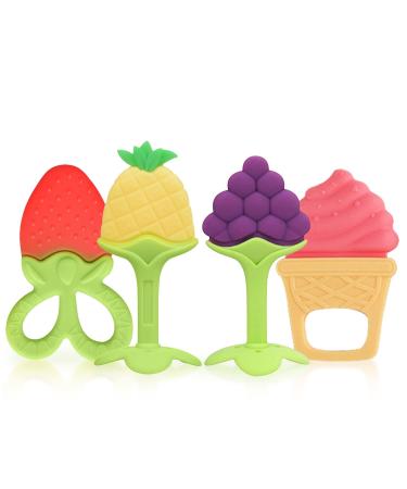 SLGOL Fruit Teething Toys for Babies 4 Pack BPA Free Silicone Teethers for 3 Month+ Little Boy & Girl Cute Infant and Shower Gifts